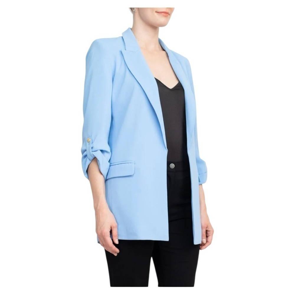 T Tahari Lapel Collar 3/4 Roll Sleeve Open Front Woven Blazer - Picture 4 of 10